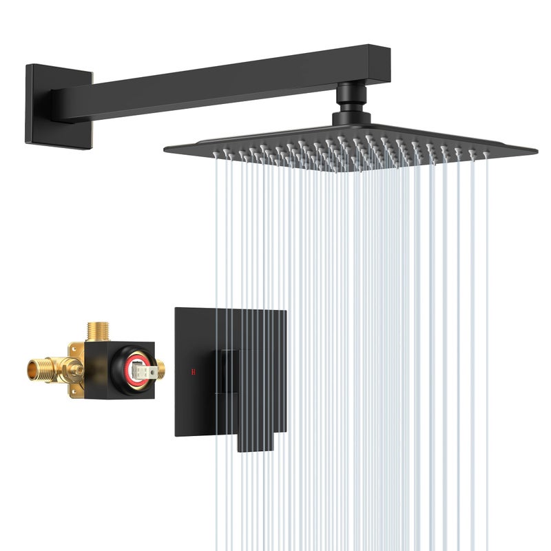 SunCleanse Matte Black Shower Faucet Set with Valve, 8 Inch Square Shower Head and Handle Set, Single Handle Shower Trim Kit with Extra Long Shower Arm - Image 1